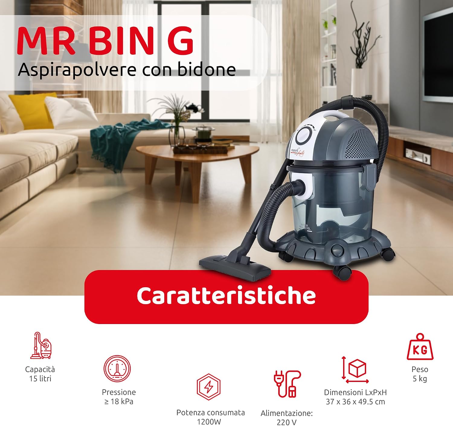Melchioni Bidone Aspiratutto Mr Bin G con filtro ad acqua Grigio