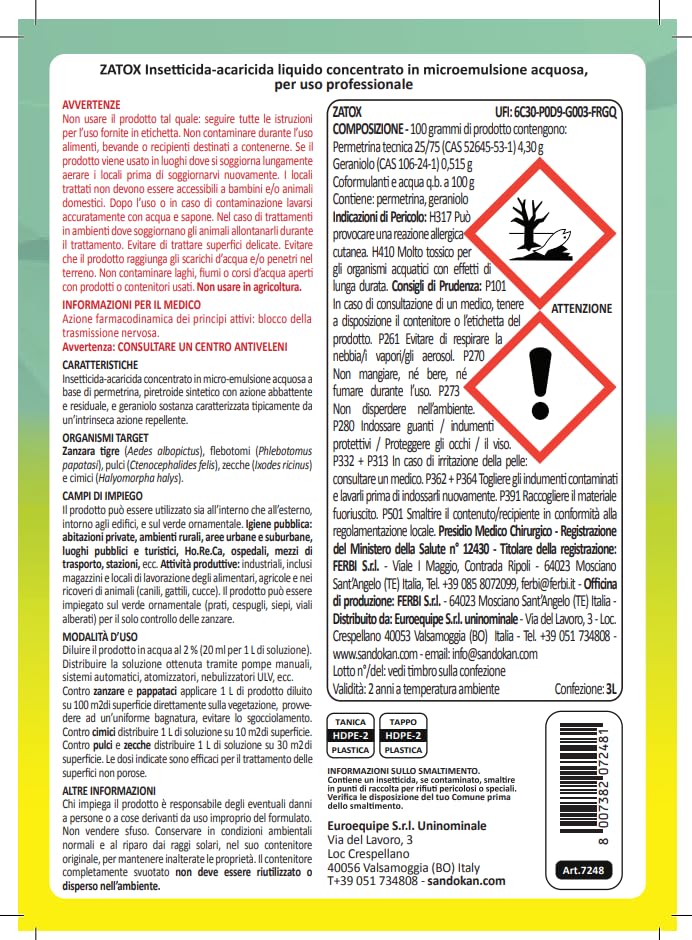 Sandokan Insetticida zanzare per sistemi automatici Zatox 3L